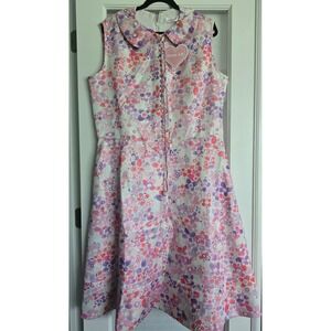 Ryan LO Floral Sleeveless Midi Dress Pink Purple XXXL Peterpan Collar Designer